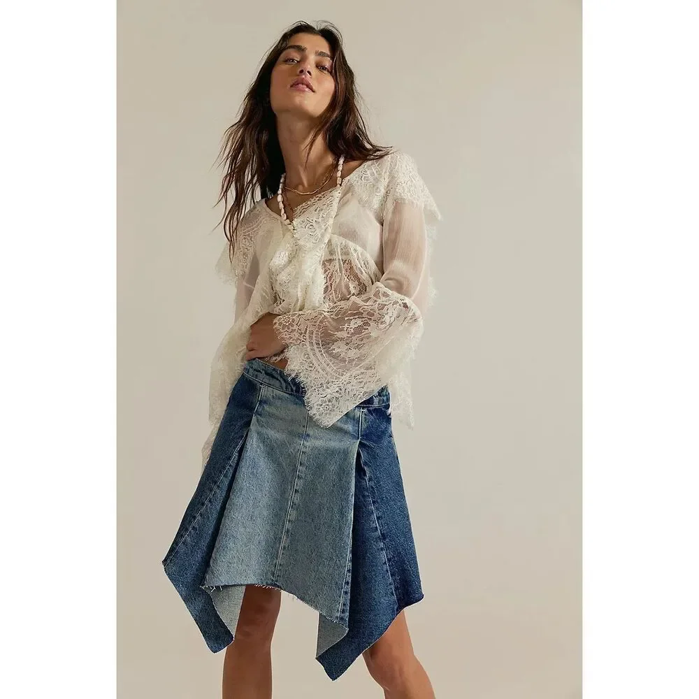 Free People - We The Free Wild River Handkerchief Skirt in Blue Denim Size 26 -S - Picture 2 of 7